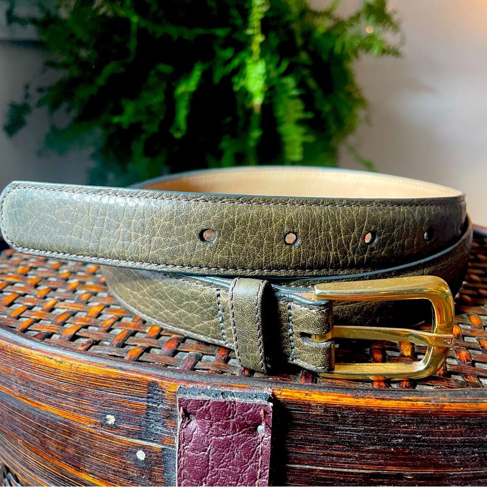 Vintage Pierre Cardin Genuine Aniline Cowhide Leather Belt Green Goldtone Buckle